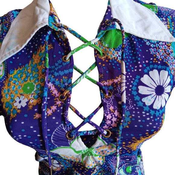 Small Vintage Women's Top 1960s Psychedelic Lace-Up Bodice Stretch Groovy Mod - Picture 2 of 8